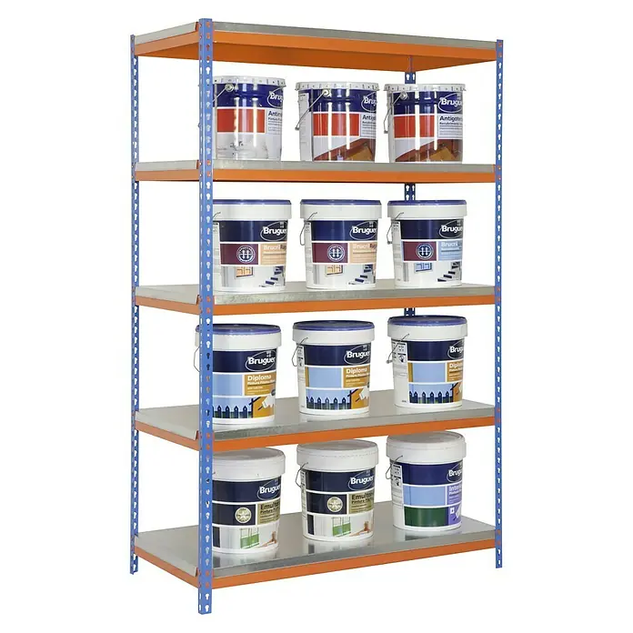 Simonrack Bricoforte Schwerlastregal Bricoforte Metall - H x B x T: 200 x 120 x 45 cm, Traglast pro Boden: 300 kg, Anzahl Böden: 5 Stk., Stecken, Blau/Orange/Silber - Ein Regal voller Bruguer Farbeimer, mit verschiedenen Farbtönen und Sorten auf vier Ebenen angeordnet.