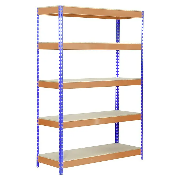 Simonrack Bricoforte Schwerlastregal Bricoforte Chipboard - H x B x T: 200 x 120 x 60 cm, Traglast pro Boden: 300 kg, Anzahl Böden: 5 Stk., Stecken, Blau/Orange - Ein Regal mit fünf braunen Regalböden und blauen Metallstützen. Optimal zur Aufbewahrung und Organisation von Gegenständen.