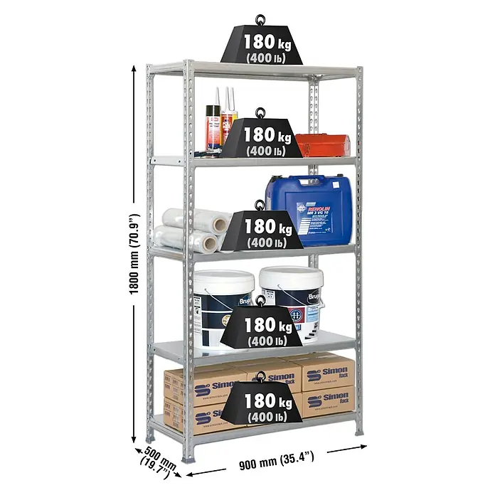 Simonrack Simonclick Metallregal Simonclick Plus - H x B x T: 180 x 90 x 50 cm, Traglast pro Boden: 180 kg, Anzahl Böden: 5 Stk., Stecken, Silber/Silber - Abbildung eines Schwerlastregals mit fünf Böden, das mit Waren beladen ist und die maximale Traglast pro Boden anzeigt.