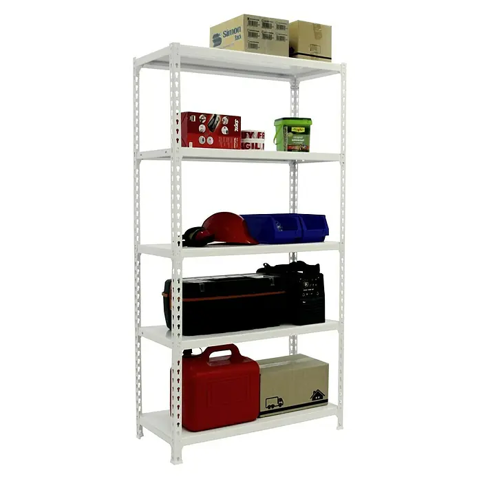 Simonrack Simonclick Metallregal Simonclick Plus - H x B x T: 200 x 100 x 50 cm, Traglast pro Boden: 180 kg, Anzahl Böden: 5 Stk., Stecken, Weiß/Weiß - Regal mit fünf Regalböden, beladen mit Kartons, Behältern und Werkzeugkasten. Das Regal ist weiß und stabil gebaut.