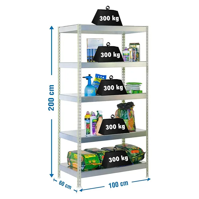 Simonrack Bricoforte Schwerlastregal Bricoforte Metall - H x B x T: 200 x 100 x 60 cm, Traglast pro Boden: 300 kg, Anzahl Böden: 5 Stk., Stecken, Silber/Silber - Produktfoto eines Schwerlastregals mit fünf Ebenen und einer Traglast von 300 kg pro Ebene. Abmessungen: 200 cm Höhe, 100 cm Breite und 60 cm Tiefe.