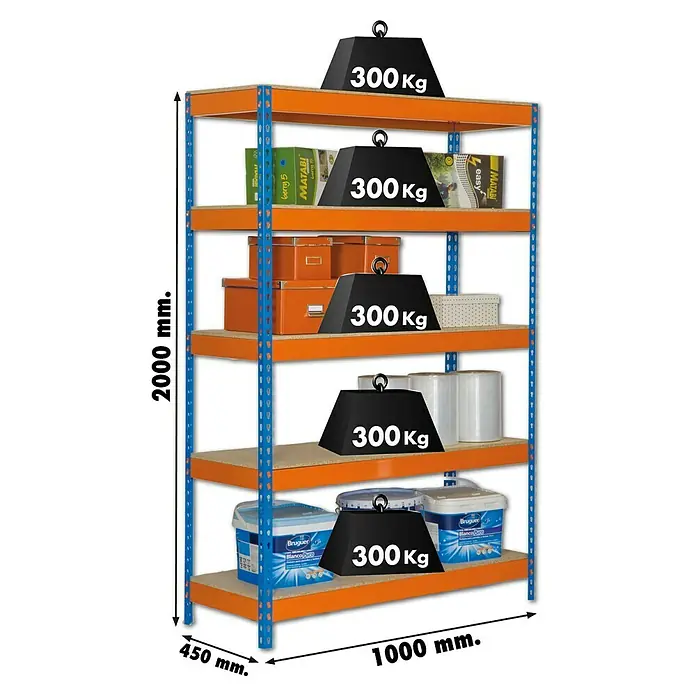 Simonrack Bricoforte Schwerlastregal Bricoforte Chipboard - H x B x T: 200 x 100 x 45 cm, Traglast pro Boden: 300 kg, Anzahl Böden: 5 Stk., Stecken, Blau/Orange - Abbildung eines Schwerlastregals mit fünf Ebenen, belastbar mit jeweils 300 kg. Das Regal ist blau und orange und wird mit Gewichten dargestellt.
