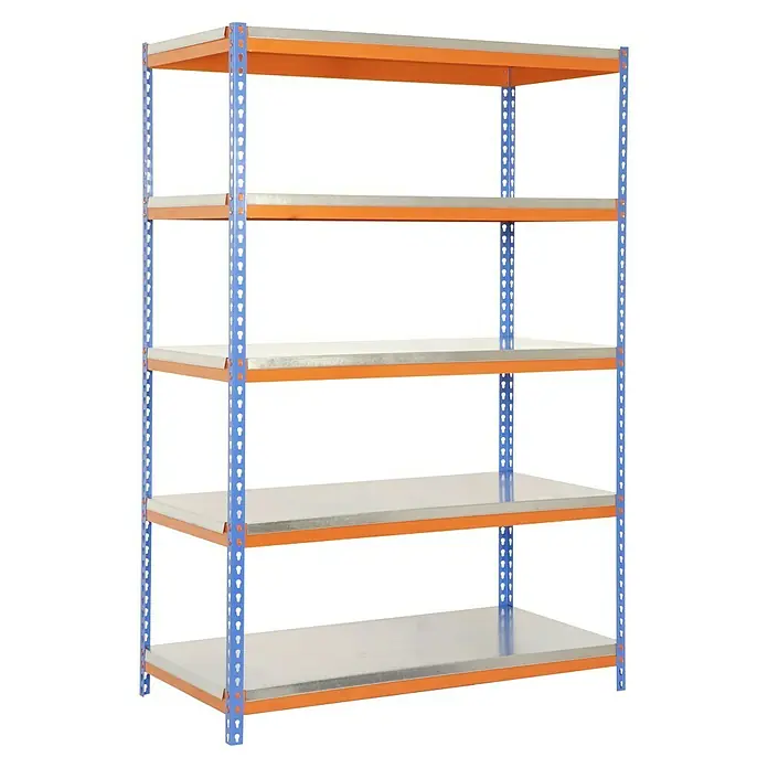 Simonrack Bricoforte Schwerlastregal Bricoforte Metall - H x B x T: 200 x 120 x 45 cm, Traglast pro Boden: 300 kg, Anzahl Böden: 5 Stk., Stecken, Blau/Orange/Silber - Ein robustes Schwerlastregal mit fünf Ebenen, ideal für Lagerung und Organisation in Werkstatt oder Lagerraum.