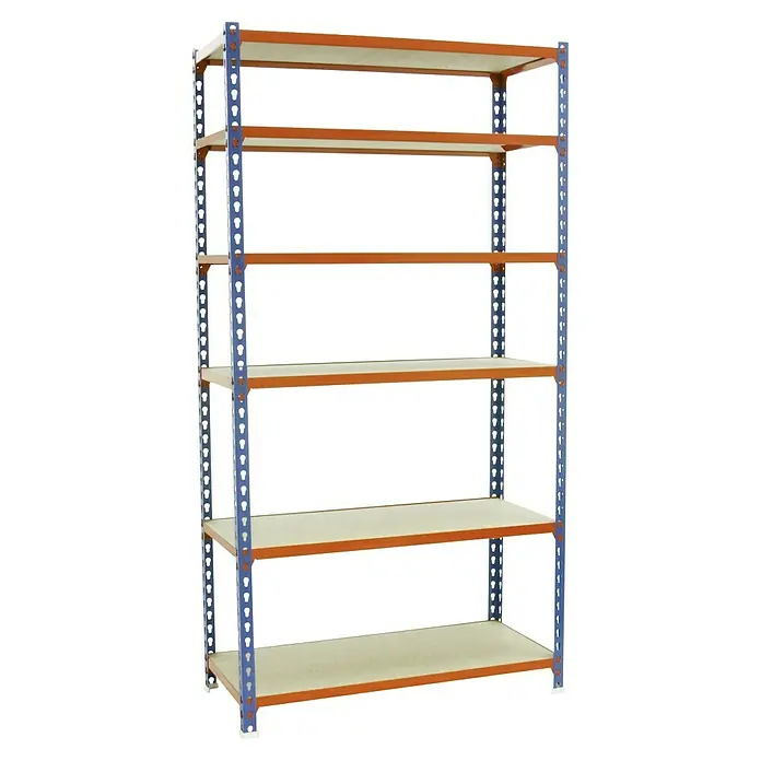 Simonrack Maderclick Metallregal Maderclick MegaPlus - H x B x T: 250 x 120 x 40 cm, Traglast pro Boden: 200 kg, Anzahl Böden: 6 Stk., Stecken, Blau/Orange - Metallregal mit sechs Regalböden. Das Regal hat einen blauen Rahmen und orangefarbene Regalböden.