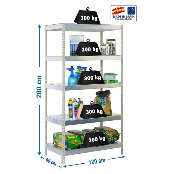 Simonrack Simontaller Metall-Schwerlastregal (L x B x H: 60 x 120 x 200 cm, Traglast: 300 kg/Boden, Anzahl Böden: 5 Stk., Silber)