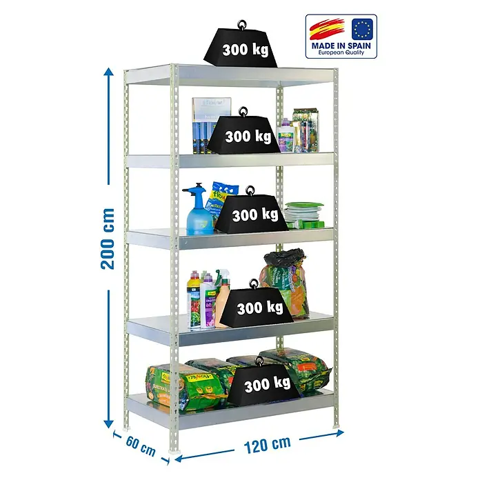 Simonrack Bricoforte Schwerlastregal Bricoforte Metall - H x B x T: 200 x 120 x 60 cm, Traglast pro Boden: 300 kg, Anzahl Böden: 5 Stk., Stecken, Silber/Silber - Abbildung eines Metallregals mit fünf Ebenen, das mit Gartengeräten und Säcken beladen und mit Gewichten von 300 kg belastet ist.
