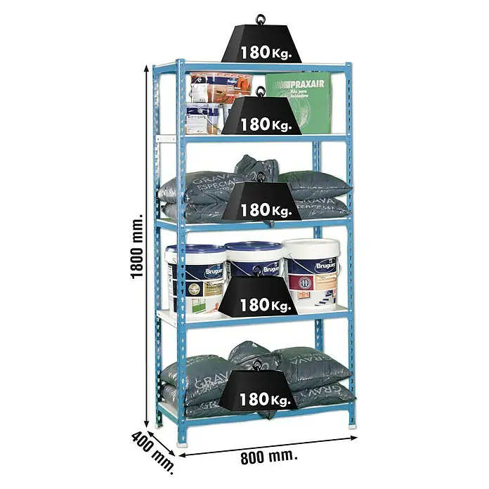 Simonrack Simonclick Metallregal Simonclick Mini - H x B x T: 180 x 80 x 40 cm, Traglast pro Boden: 180 kg, Anzahl Böden: 5 Stk., Stecken, Blau/Weiß - Das Bild zeigt ein blaues Schwerlastregal mit fünf Böden, beladen mit verschiedenen Artikeln und Gewichten von 180 kg auf jedem Boden.