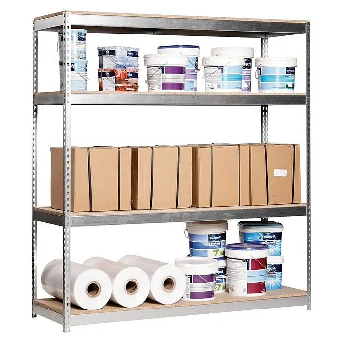 Simonrack Simontaller Schwerlastregal Ecoforte Chipboard - H x B x T: 200 x 180 x 60 cm, Traglast pro Boden: 400 kg, Anzahl Böden: 4 Stk., Stecken, Silber - Regal mit Farben, Kartons und Rollen.