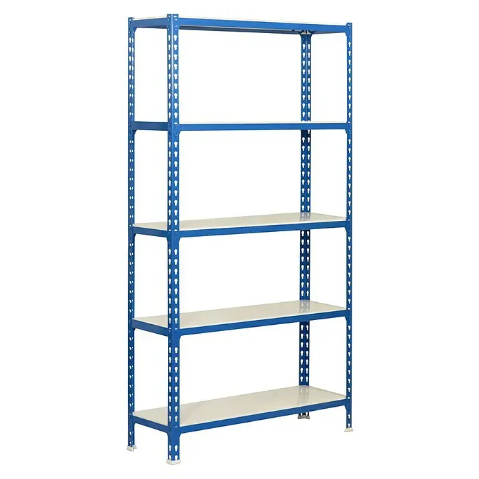 Simonrack Simonclick Metallregal Simonclick Super Plus - H x B x T: 200 x 110 x 50 cm, Traglast pro Boden: 200 kg, Anzahl Böden: 5 Stk., Stecken, Blau/Weiß - Blaues Metallregal mit fünf Regalböden zur Aufbewahrung und Organisation von Gegenständen aller Art.