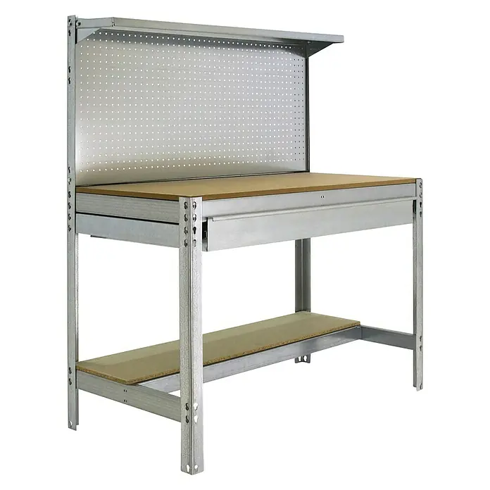 Simonrack Simonwork Werkbank Set BT3 Box 900 - L x B: 61 x 91 cm, Arbeitshöhe: 144,5 cm, Belastbarkeit: 400 kg, Verzinkt/Holz - Produktabbildung einer Werkbank mit Lochwand und Ablagefläche, ideal für Hobby und Werkstatt.