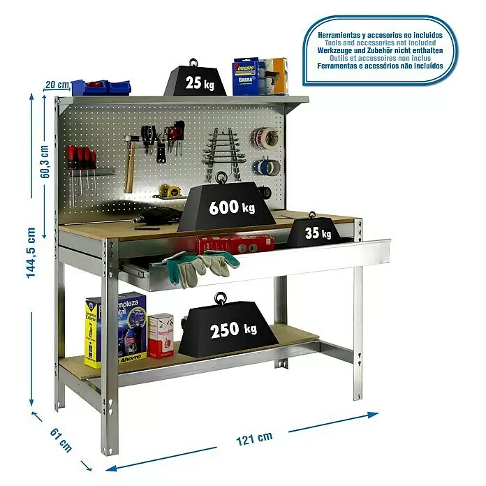 Simonrack Simonwork Werkbank Set BT3 Box 1200 - L x B: 61 x 121 cm, Arbeitshöhe: 144,5 cm, Belastbarkeit: 600 kg, Verzinkt/Holz - Skizze