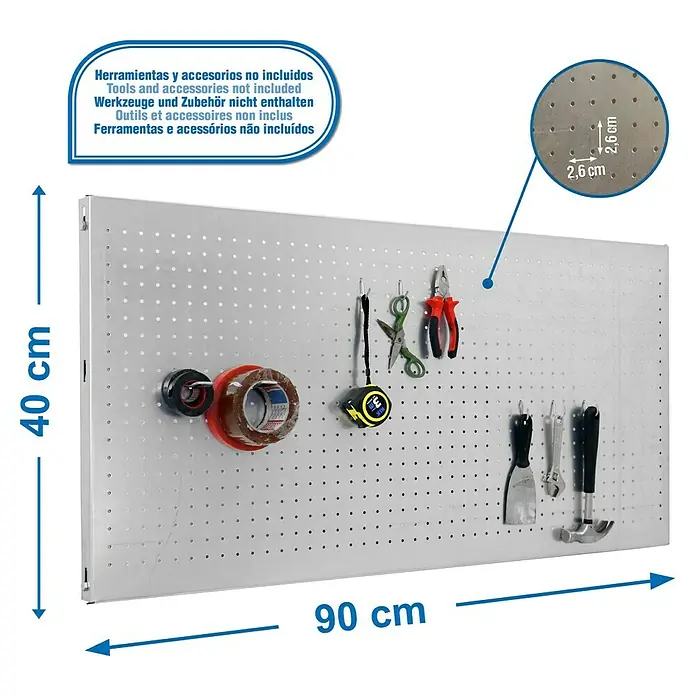 Simonrack Panelclick Lochwand-Set - B x L: 40 x 90 cm, 9 -tlg., Verzinkt - Werkzeugwand mit Maßen 90 x 40 cm und Detailansicht der Lochabstände, ideal zur Aufbewahrung von Werkzeugen und Zubehör in Werkstätten.