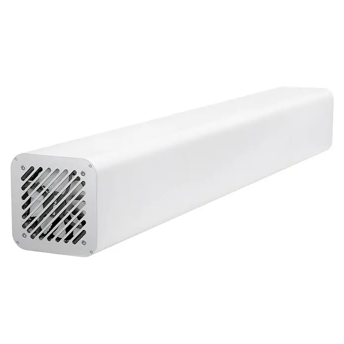 Ledvance Wandhalterung AIR KIT WALL - Aluminium, Passend für: Ledvance UVC AIR V70 WT EU - Produktaufnahme eines länglichen, weißen Geräts mit einem Lüftungsgitter an einem Ende, das ein modernes Design und Funktionalität vereint.