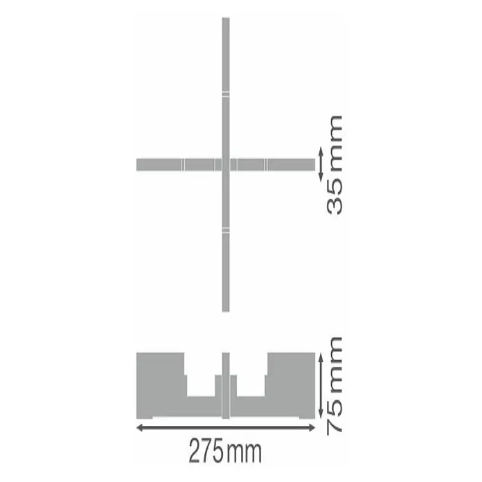 Ledvance Standfuß AIR KIT FLOOR STAND - Passend für: Ledvance UVC AIR V70 WT EU, Braun - Produktdiagramm mit Maßen. Die vertikale Säule hat ein horizontalen Balken in der Mitte. Die Basis hat eine Länge von 275 mm und eine Höhe von 75 mm.