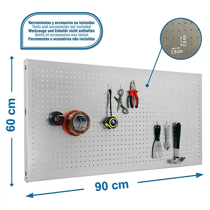 Simonrack Panelclick Set de paneles perforados con 8 ganchos - An x L: 60 x 90 cm, 9 pzs., Galvanizado - Pared para herramientas de 60 cm de altura y 90 cm de ancho, equipada con varias herramientas y accesorios.