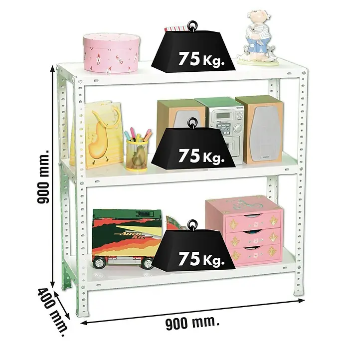 Simonrack Simonclassic Metallregal Advantage - H x B x T: 90 x 90 x 40 cm, Traglast pro Boden: 75 kg, Anzahl Böden: 3 Stk., Schrauben, Weiß - Nahaufnahme eines weißen Metallregals mit drei Ebenen, auf denen verschiedene Gegenstände und schwarze Gewichte platziert sind.