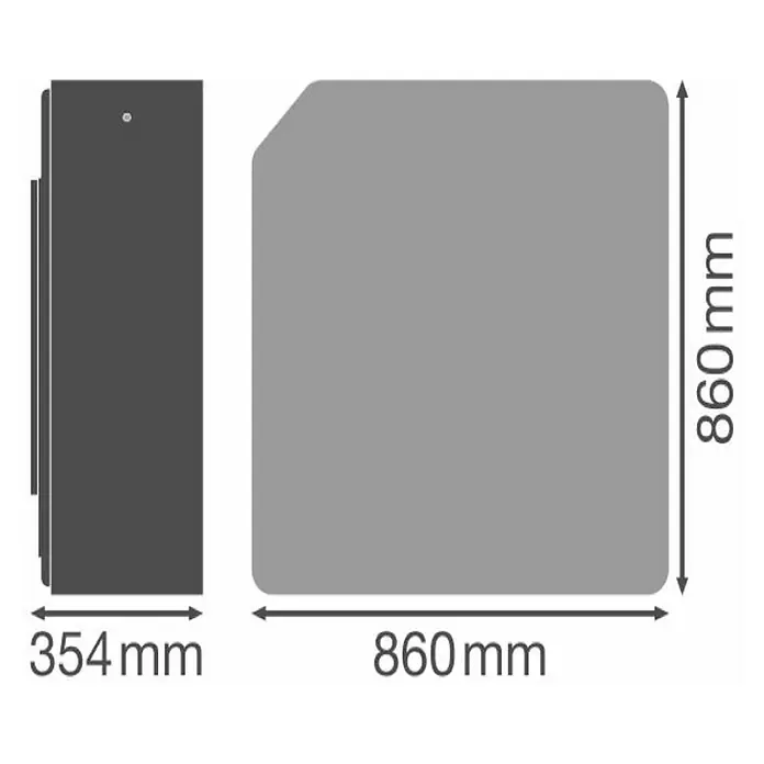 Hönle Luftreiniger SteriWhite Air Q600 - 31,5 x 86 x 86 cm, Wand-/Deckenmontage, Max. Luftleistung: 600 m³/h - Produktdiagramm mit den Maßen 354 mm x 860 mm x 860 mm, das die Abmessungen und Proportionen des Produkts hervorhebt.