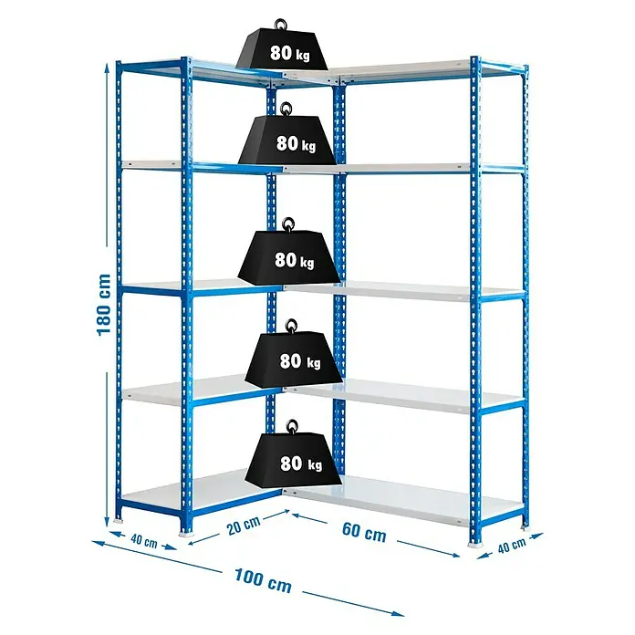 Simonrack Simonclick Abschlussregal Simoncorner - H x B x T: 180 x 100 x 40 cm, Traglast pro Boden: 80 kg, Anzahl Böden: 10 Stk., Stecken, Blau/Weiß - Ansicht eines blauen Regals mit fünf Ablagen, belastet mit 80 kg Gewichten. Das Regal hat eine Höhe von 180 cm und eine Tiefe von 40 cm.