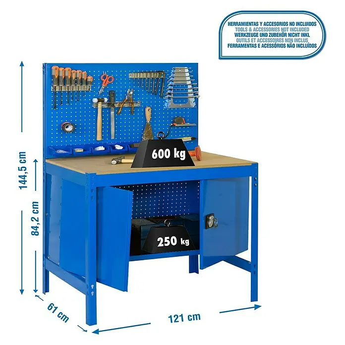 Simonrack Simonwork Werkbank Set BT2 Locker 1200 - L x B: 61 x 121 cm, Arbeitshöhe: 144,5 cm, Belastbarkeit: 600 kg, Blau/Holz - Werkbank mit Werkzeugwand und viel Stauraum für Werkzeuge und Zubehör. Ideal für Werkstätten und Hobbyräume.