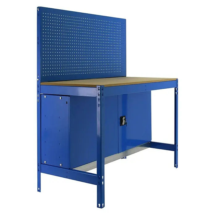 Simonrack Simonwork Werkbank Set BT2 Locker 900 - L x B: 61 x 91 cm, Arbeitshöhe: 144,5 cm, Belastbarkeit: 400 kg, Blau/Holz - Blaue Werkbank mit Holzplatte und Lochwand zur Aufbewahrung von Werkzeugen und Zubehör in einer Werkstatt oder Garage.