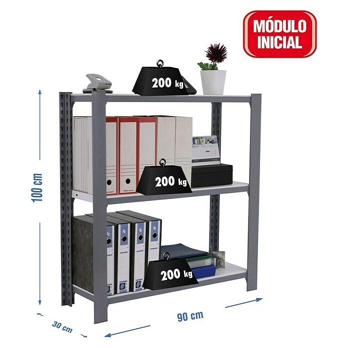 Simonrack Simonoffice Estantería metálica Offliclick Metal Inicial (L x An x Al: 30 x 90 x 100 cm, Capacidad de carga: 200 kg/balda, Número de baldas: 3 ud., Gris)
