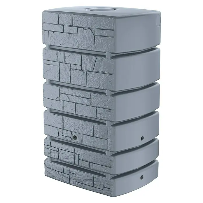 Regenspeicher Tower Stone - 500 l, Hellgrau - Grauer, stapelbarer Regenwassertank in Steinoptik. Die modulare Bauweise ermöglicht eine einfache Erweiterung des Volumens.