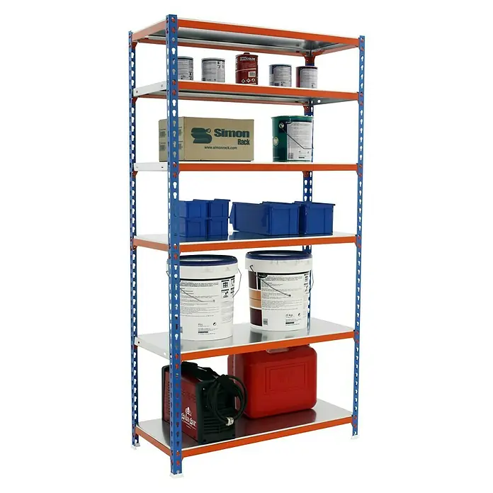 Simonrack Simonclick Metallregal Simonclick Plus - H x B x T: 250 x 90 x 30 cm, Traglast pro Boden: 180 kg, Anzahl Böden: 6 Stk., Stecken, Blau/Orange/Silber - Vielseitiges Lagerregal mit fünf Ebenen, beladen mit Farben, Werkzeugkästen und diversen Werkzeugen, ideal für Werkstatt oder Lager.