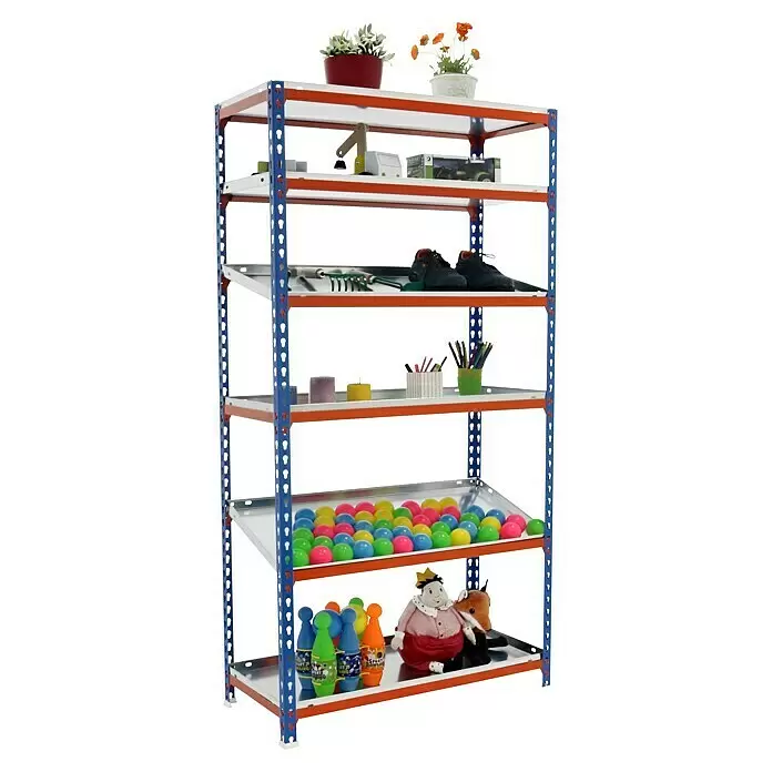 Simonrack Simonclick Metallregal Simonclick Plus - H x B x T: 250 x 90 x 30 cm, Traglast pro Boden: 180 kg, Anzahl Böden: 6 Stk., Stecken, Blau/Orange/Silber - Robustes blau-orangefarbenes Metallregal mit mehreren Ablagen, vielseitig einsetzbar für Haushaltsgegenstände und Spielzeug.