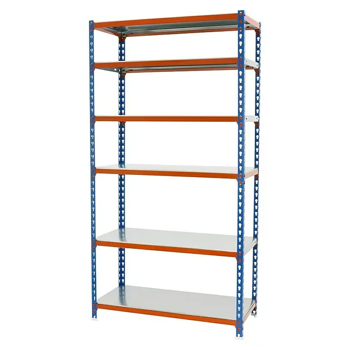 Simonrack Simonclick Metallregal Simonclick Plus - H x B x T: 250 x 90 x 30 cm, Traglast pro Boden: 180 kg, Anzahl Böden: 6 Stk., Stecken, Blau/Orange/Silber - Ein blau-oranges Regal mit sechs Regalböden bietet viel Stauraum für verschiedene Gegenstände.
