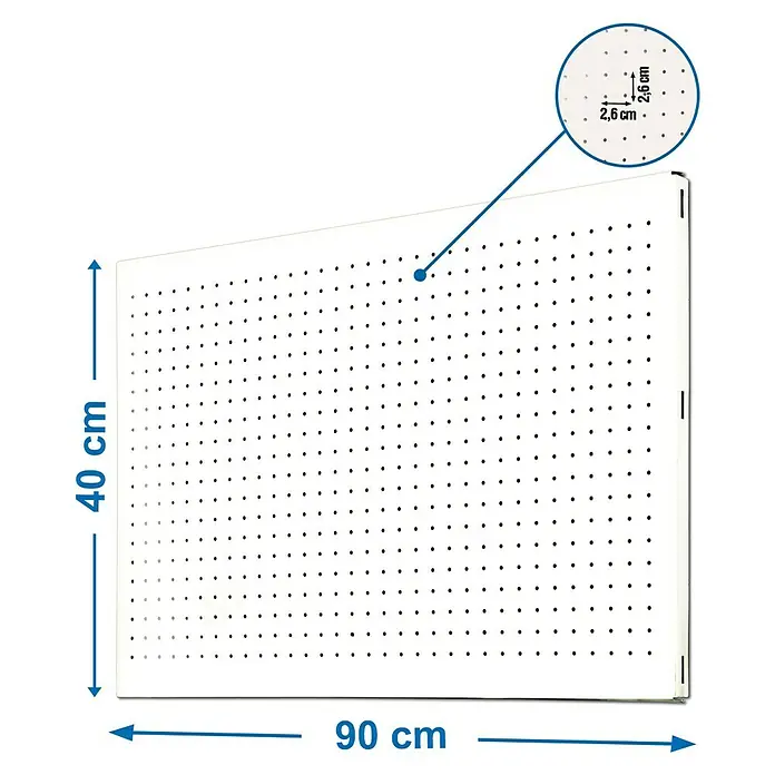 Simonrack Simonwork Lochwand - Breite: 40 cm, Höhe: 90 cm, Weiß - Das Bild zeigt eine weiße Lochplatte mit Abmessungen von 90 x 40 cm und einem Lochabstand von 2,6 cm.