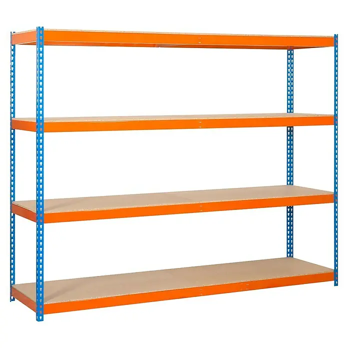 Simonrack Simonforte Schwerlastregal Simonforte Chipboard - H x B x T: 200 x 240 x 45 cm, Traglast pro Boden: 400 kg, Anzahl Böden: 4 Stk., Stecken, Blau/Orange - Abbildung eines stabilen Lagerregals mit vier Ebenen. Ideal für Lagerung, mit robusten blau-orangen Metallrahmen und Regalböden.