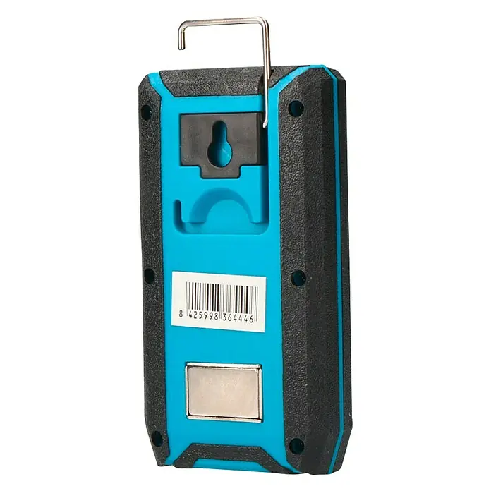 Koma Tools PRO Series Linterna - 2,5 x 6 x 11 cm, 500 lm - Vista trasera de una luz de trabajo azul y negra con gancho, imán y código de barras. Ideal para taller y obra.