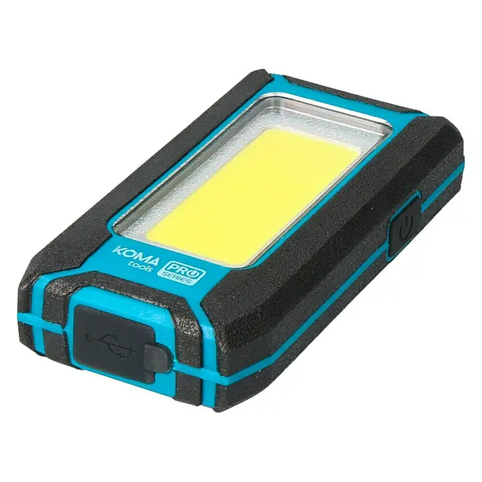 Koma Tools PRO Series Linterna - 2,5 x 6 x 11 cm, 500 lm - La imagen muestra una luz de trabajo Koma Pro Series. Es rectangular, tiene un borde azul y una interfaz USB.