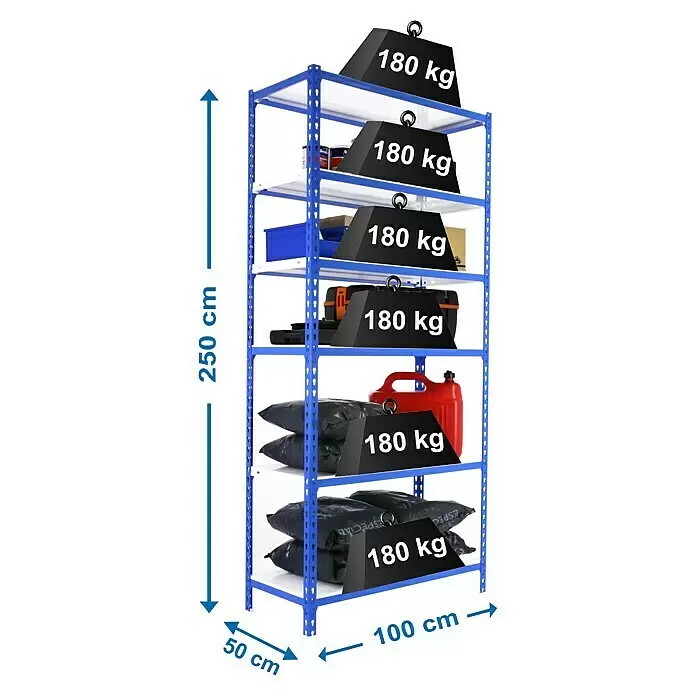 Simonrack Simonclick Metallregal Simonclick PlusH x B x T: 250 x 100 x 50 cm, Traglast pro Boden: 180 kg, Anzahl Böden: 6 Stk., Stecken, Blau/Weiß