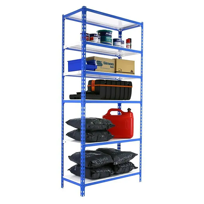 Simonrack Simonclick Metallregal Simonclick PlusH x B x T: 250 x 100 x 50 cm, Traglast pro Boden: 180 kg, Anzahl Böden: 6 Stk., Stecken, Blau/Weiß - Lagerregal mit sechs Ablagen und verschiedenen Gegenständen, darunter Farbeimer, Kartons, Werkzeugkasten, Benzinkanister und Säcke.