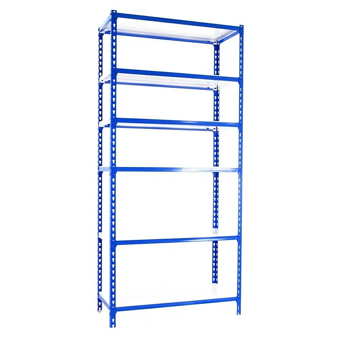 Simonrack Simonclick Metallregal Simonclick Mini - H x B x T: 250 x 80 x 40 cm, Traglast pro Boden: 180 kg, Anzahl Böden: 6 Stk., Stecken, Blau/Weiß - Ein blaues Schwerlastregal mit sechs weißen Regalböden, ideal für Lagerung und Organisation.