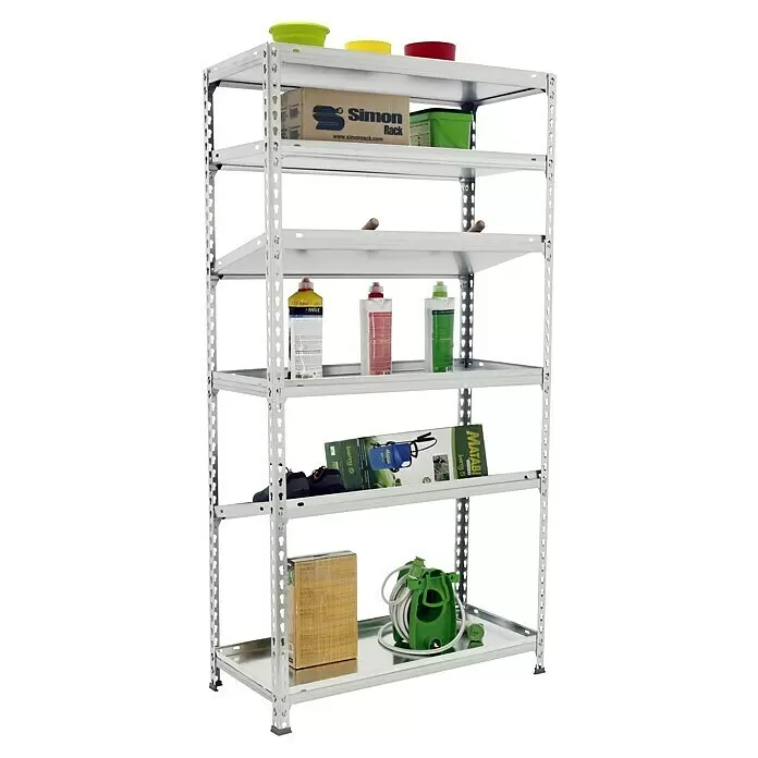 Simonrack Simonclick Metallregal Simonclick Plus - H x B x T: 250 x 100 x 40 cm, Traglast pro Boden: 180 kg, Anzahl Böden: 6 Stk., Stecken, Silber/Silber - Silbernes Metallregal mit 5 verstellbaren Böden, vielseitig einsetzbar zur Lagerung.