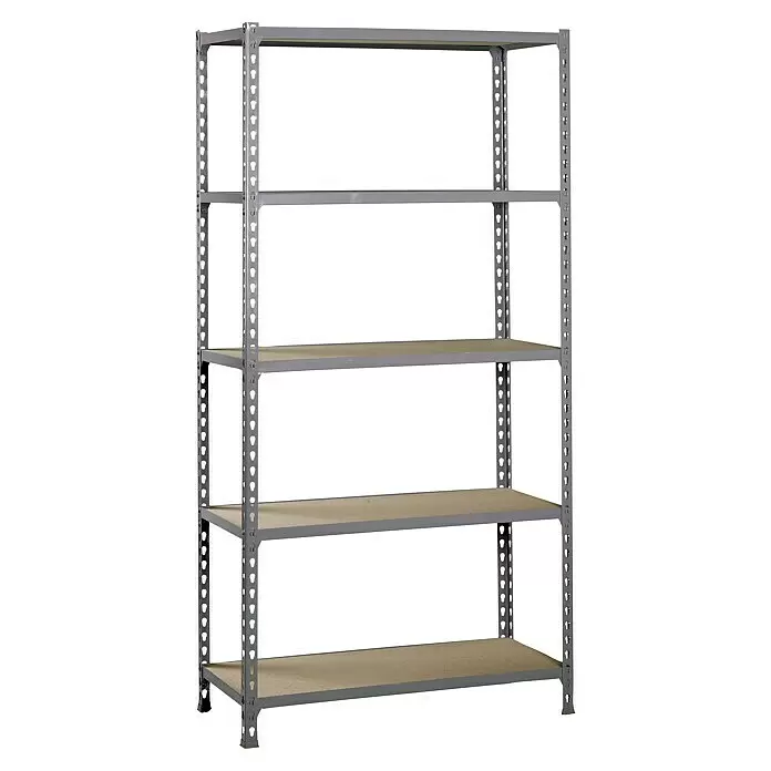 Simonrack Maderclick Estantería metálica Superplus - Al x An x Pr: 200 x 110 x 30 cm, Capacidad de carga por balda: 200 kg, Número de baldas: 5 ud., Inserción, Gris/Madera - Estantería metálica gris con cinco estantes beige.