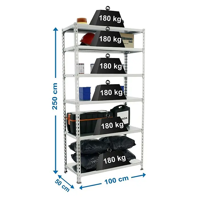 Simonrack Simonclick Metallregal Simonclick Plus - H x B x T: 250 x 100 x 50 cm, Traglast pro Boden: 180 kg, Anzahl Böden: 6 Stk., Stecken, Silber/Silber - Aufnahme eines Schwerlastregals mit sechs Fächern, das mit verschiedenen Gegenständen und Gewichten von je 180 kg belastet ist.