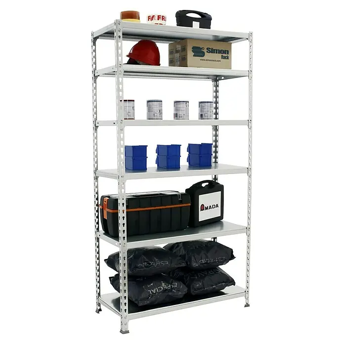 Simonrack Simonclick Metallregal Simonclick Plus - H x B x T: 250 x 100 x 40 cm, Traglast pro Boden: 180 kg, Anzahl Böden: 6 Stk., Stecken, Silber/Silber - Metallregal mit Werkzeugen, Farbeimern, einer Box und anderen Dingen auf seinen sechs Regalböden.