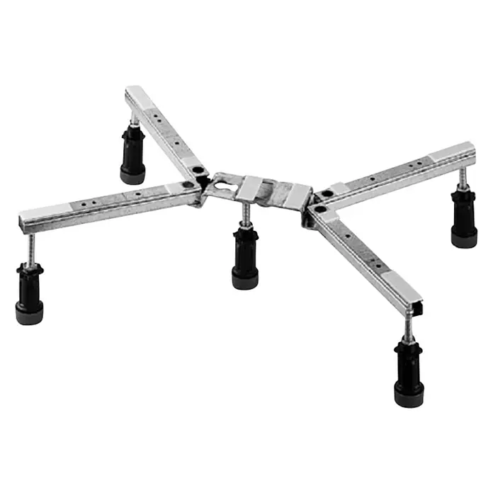 Duravit Duschwannenfuß - Höhenverstellung: 100 mm - 185 mm, Wannengröße: Bis 100 x 100 cm - Produktabbildung einer verstellbaren Gerätebasis aus Metall mit Nivellierfüßen für Geräte wie Waschmaschinen.