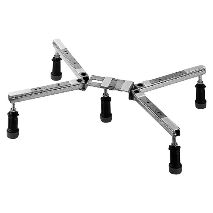 Duravit Duschwannenfuß - Höhenverstellung: 85 mm - 105 mm, Wannengröße: Bis 100 x 100 cm - Produktabbildung eines verstellbaren Maschinenfußes mit stabilem, metallfarbenem Kreuzgestell und schwarzen, höhenverstellbaren Füßen.
