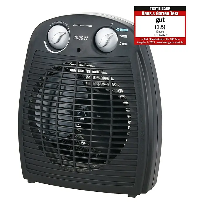 Emerio Heizlüfter FH-106737 - 2.000 W, Raumgröße bis ca. 20 m², Schwarz - Abbildung eines schwarzen Emerio FH-106737.1 Heizlüfters mit zwei Drehknöpfen und einem "Haus & Garten Test" Siegel.