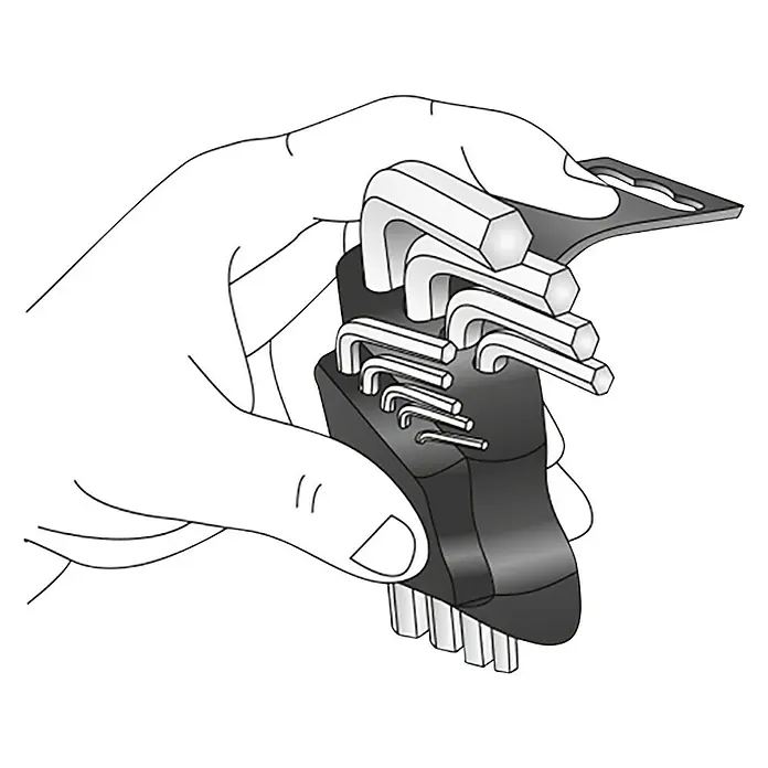 Matador Stiftschlüsselsatz - 9 -tlg., Schlüsselweite: 10 mm - Eine Hand hält ein Set Inbusschlüssel in einem Halter. Ein praktisches Werkzeugset für Heimwerker- und Reparaturarbeiten.