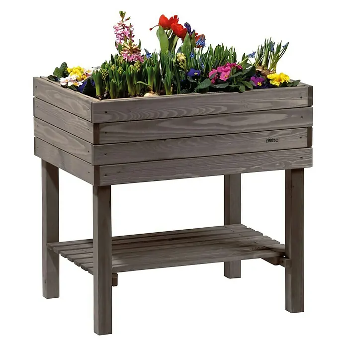 Dobar Hochbeet Kubus - 80 x 58 x 80 cm, Holz, Anthrazit - Holz-Hochbeet mit bunten Frühlingsblumen bepflanzt. Das Beet steht auf einem Gestell mit Ablagefläche und ist aus grauem Holz gefertigt.