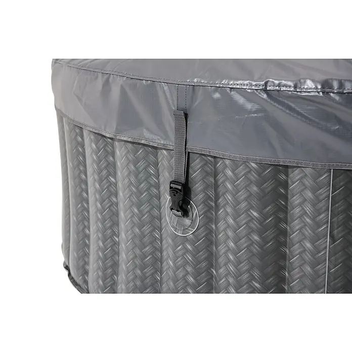 MSpa Hidromasaje móvil Treviso - Ø x Al: 204 x 70 cm, Gris, 930 l - Primer plano de una cubierta de hidromasaje gris con correa de sujeción, enfatizando la cobertura segura para la bañera.