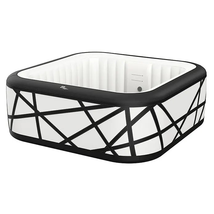 MSpa Mobil-Whirlpool Soho - L x B x H: 185 x 185 x 68 cm, Weiß/Schwarz, 930 l - Ein quadratischer aufblasbarer Whirlpool in Weiß mit einem schwarzen Rahmen und geometrischen Mustern.