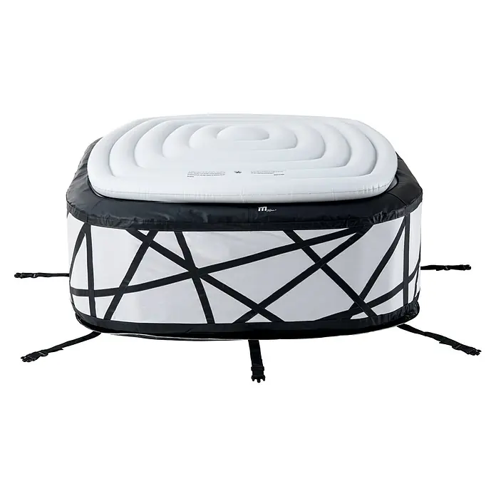 MSpa Mobil-Whirlpool Soho - L x B x H: 185 x 185 x 68 cm, Weiß/Schwarz, 930 l - Nahaufnahme eines MSpa aufblasbaren Whirlpools mit weißer Abdeckung und modernem, geometrischem Design für entspannende Momente.