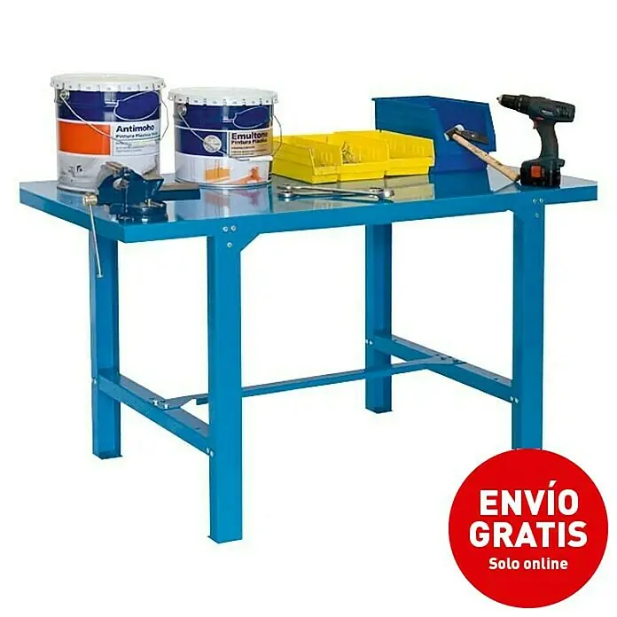 Simonrack Simonwork Banco de trabajo BT6 Metal - L x An: 73 x 120 cm, Altura de trabajo: 83 cm, Carga soportada: 600 kg, Azul - Banco de trabajo con tornillo de banco, latas de pintura, herramientas y taladro. Ideal para tareas de taller y bricolaje.