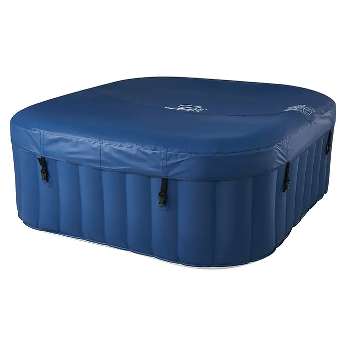 MSpa Mobil-Whirlpool Square Navy - L x B x H: 158 x 158 x 68 cm, Blau, 650 l - Das Bild zeigt einen blauen aufblasbaren Whirlpool mit Abdeckung. Der Whirlpool steht auf einem schwarzen Untergrund.
